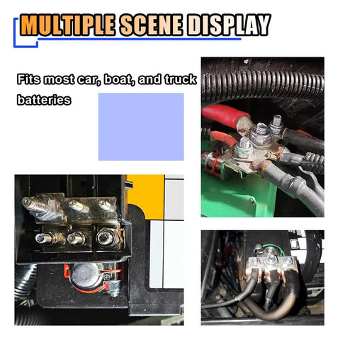 Multiple scenes showing 2 Pack 3 Way Battery Terminal Connectors Universal Top Post Clamps connecting car, boat, and truck batteries.