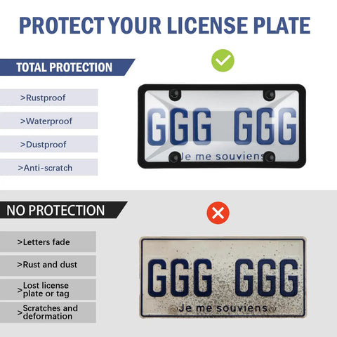 Comparison of Two Pack License Plate Protectors For Front And Rear Plates ABS Matte Clear Shield With Screws Caps benefits vs no protection.