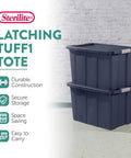 Eight Pack Heavy Duty Storage Bins With Secure Snap Lids Rock Solid Plastic Totes Built Like A Tank For Garage Basement Outdoor Campout Gear And Seasonal Gear 30 Gallon Capacity Dark Indigo Bucket stacked storage bins in dark indigo, highlighting durable design.