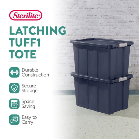 Eight Pack Heavy Duty Storage Bins With Secure Snap Lids Rock Solid Plastic Totes Built Like A Tank For Garage Basement Outdoor Campout Gear And Seasonal Gear 30 Gallon Capacity Dark Indigo Bucket stacked storage bins in dark indigo, highlighting durable design.