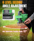 Person holding Battery Powered Fertilizer And Seed Spreader For Lawns And Driveways, 7.2V Rechargeable Tool With 8 Level Dispersion Settings