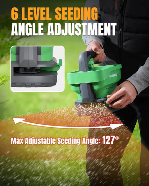 Person holding Battery Powered Fertilizer And Seed Spreader For Lawns And Driveways, 7.2V Rechargeable Tool With 8 Level Dispersion Settings