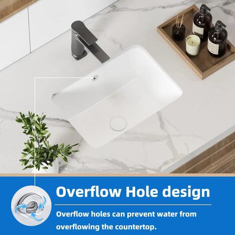 Top view of a Compact White Porcelain Undermount Bathroom Sink For Small Bathrooms And RVs Rectangular Ceramic Basin With Overflow.
