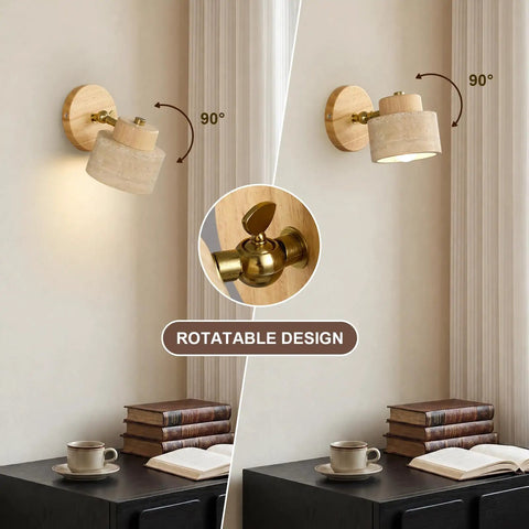 IPEDWO Yellow Travertine Wall Sconce with Natural Wood,4.7" Single Sconce features rotatable design and natural travertine stone shade.