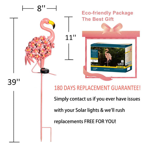 Flamingo Solar Garden Lights 27 LED Warm White Outdoor Stake Light Waterproof For Lawn Patio Courtyard Easy Install shown with packaging.