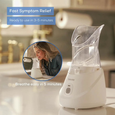 Steam Inhaler For Fast Drug Free Congestion Relief With Adjustable Steam Control, Universal Mask in use on kitchen counter