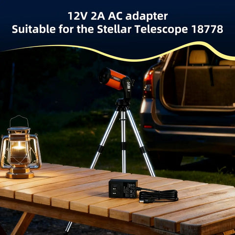12V AC Power Adapter Charger For NexStar And LCM CPC Telescopes 3M Cable on wooden table, telescope and car in background