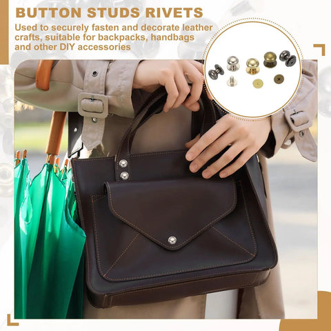 Person holding bag with 7 mm Leather Rivets Set Bronze Ball Head Stud Screw Back Round Head Button Chicago Style Nipple Rivets