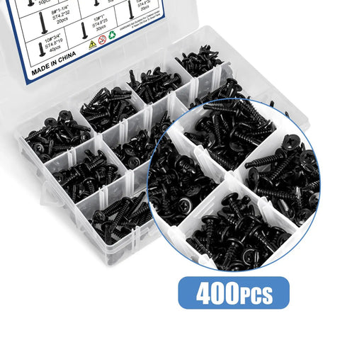 400 Piece Self Tapping Screws Set Made Of 410 Stainless Steel For Metal Wood And Plastic Size 8 And 10 1/2 Inch To 1-1/4 Inch Length Black Coated