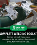 Front view of Sawyer Welders 3rd Hand portable pipe welding clamp with metal jaws on a green pipe