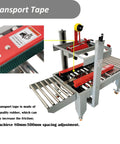 Adjustable Width Height Automatic Carton Sealer Box Tape Machine 110V Stainless Steel Roller Heavy Duty Packaging For Shipping Stores showing transport tape and conveyor system.