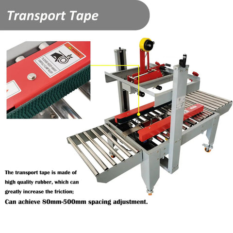 Adjustable Width Height Automatic Carton Sealer Box Tape Machine 110V Stainless Steel Roller Heavy Duty Packaging For Shipping Stores showing transport tape and conveyor system.
