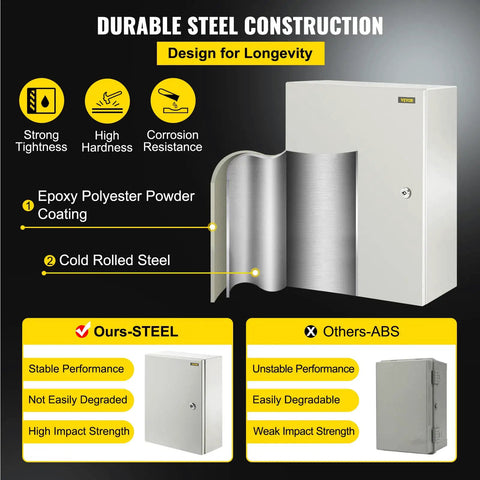 Rugged Outdoor Electrical Enclosure Box 16x12x6 Inches Carbon Steel With Hinged Cover IP66 Waterproof and Dustproof Junction Box Includes Mounting Plate for Weatherproof Industrial and DIY Projects, steel construction detail