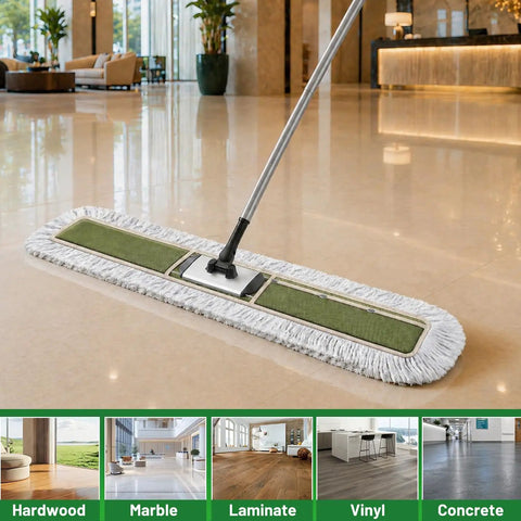 Heavy Duty Commercial Dust Mop And Floor Broom For Hardwood Surfaces With Secure Button Lock Handle and Wide Sweep Path in action on polished floor.