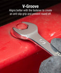 15-degree V-Groove wrench from 14 Piece Angle Head SAE Wrench Set With Full Polish Chrome Vanadium CRV in use on bolt