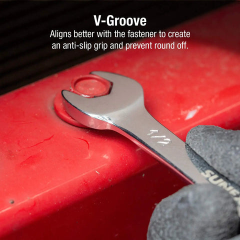 15-degree V-Groove wrench from 14 Piece Angle Head SAE Wrench Set With Full Polish Chrome Vanadium CRV in use on bolt