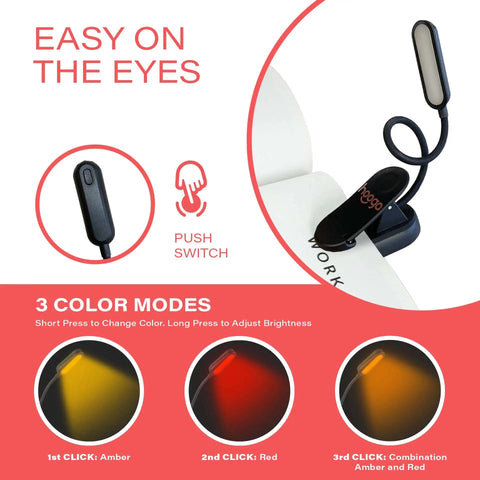 Sleek Rechargeable Clip On Book Light Blocking Blue Light With Amber And Red Led Stepless Dimming For Late Night Reads Totally Legit Game Changer For Sleep Protection And Chill Bedroom Vibes