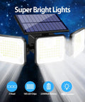 Solar Outdoor Motion Sensor Lights With Three Heads 3000LM Bright 180 LED Security Flood Lights in use, illuminating a dark sky.