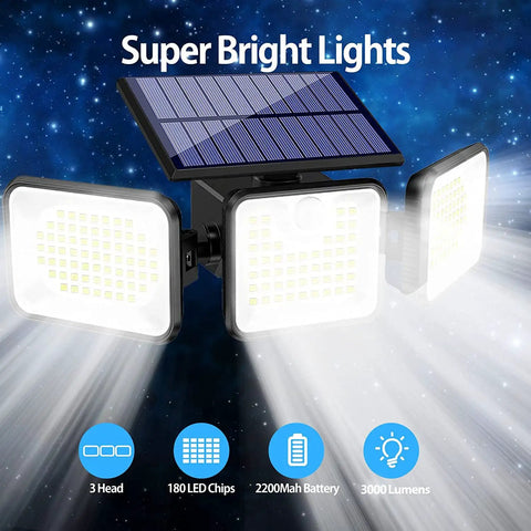 Solar Outdoor Motion Sensor Lights With Three Heads 3000LM Bright 180 LED Security Flood Lights in use, illuminating a dark sky.