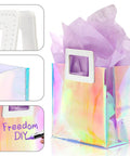 Holographic Gift Bags With Handles And Tissue Paper Sheets Included, iridescent reusable purple gift bag with details, 8x7x4 inches