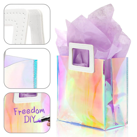 Holographic Gift Bags With Handles And Tissue Paper Sheets Included, iridescent reusable purple gift bag with details, 8x7x4 inches