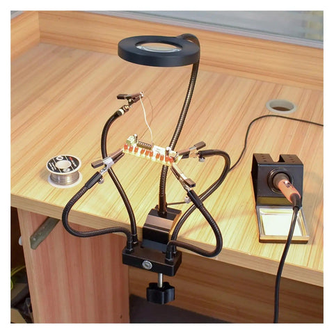 Third Hand Desk Clip Soldering PCB Holder Tool With 3X LED Magnifier And 5Pcs Helping Arms for welding on a workbench
