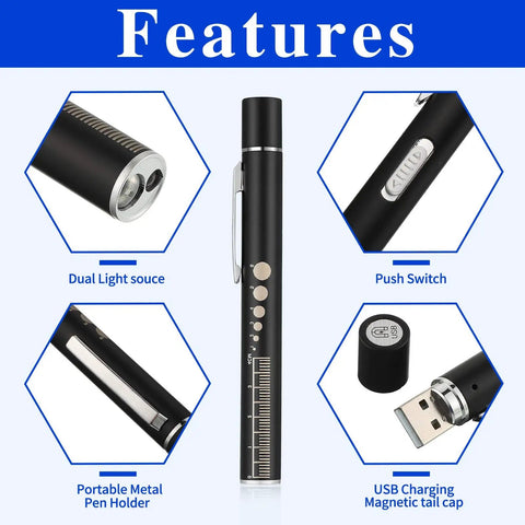 Features of Dual LED Pen Light USB Rechargeable With Extra Warm Light Pupil Chart And Ruler Pocket Clip Aluminum Penlight
