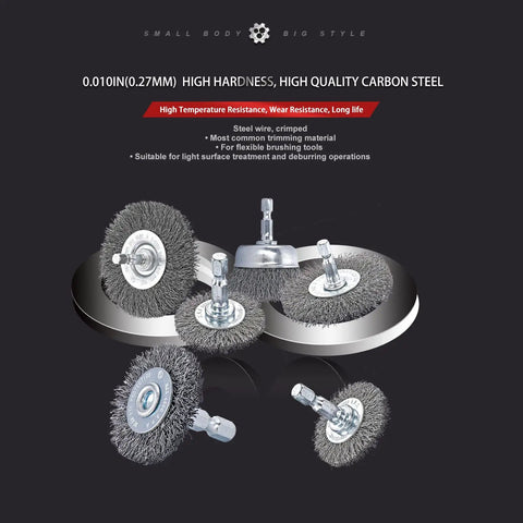 Six Piece Drill Wire Wheel Cup Brush Set With Coarse Crimped Wire 0.010 Inch Thick Face displayed on rotating platform.