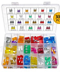 300-piece auto fuse kit with labeled compartments, includes mini blade fuses 5A-30A for cars, trucks, RVs, and boats.
