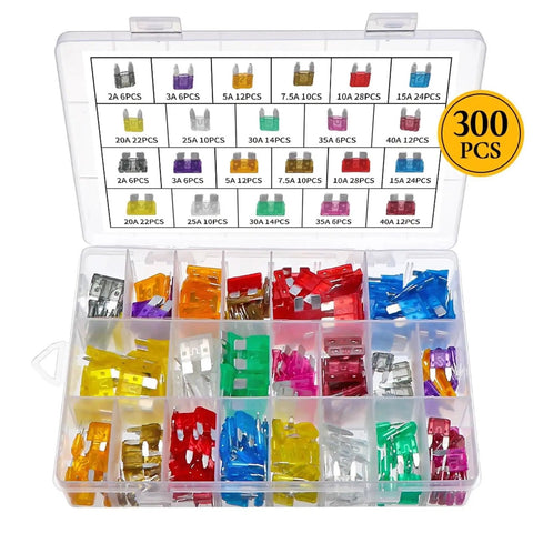 300-piece auto fuse kit with labeled compartments, includes mini blade fuses 5A-30A for cars, trucks, RVs, and boats.