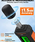Pro Grade Sound Level Meter With 30 To 130 dB Range, A And C Weighting, Fast And Slow Response Modes, Ultra Accurate For Environmental Noise Monitoring, Workplace Safety, And Sound Checks. Black foam windscreen and handheld meter display.