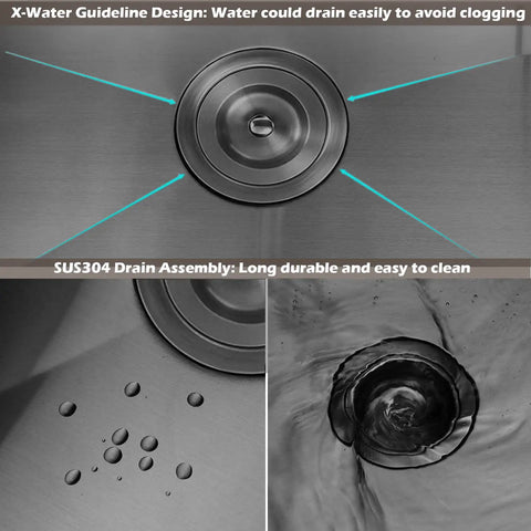 Detailed view of 15x19 Inch Undermount Bar Ledge Workstation For Small Kitchen Stainless Steel Single Bowl RV Wet Prep Sink With Cutting Board Brushed Nickel Finish Durable Scratch Resistant Build With Quiet Sound Dampening For Everyday Use showing drain design and water flow.