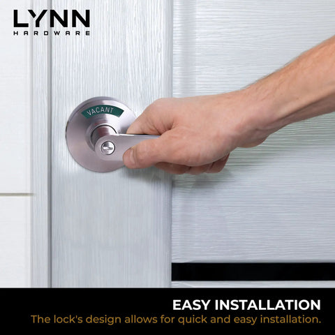 Heavy Duty Designer Commercial Lever Door Lock With Bathroom Privacy Indicator Vacant Occupied Sign Restroom Door Handle Satin Chrome Boss Grade Privacy Lock For Commercial Spaces being installed on a door