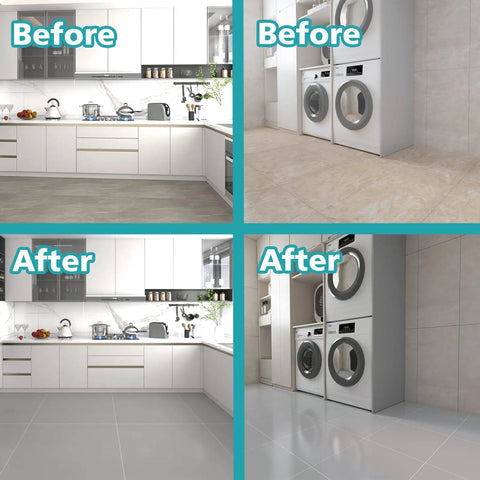 Two Part Floor Coating Kit With Clear Sealer For Porcelain Tile Floors In Kitchen Bathroom Laundry Semi Gloss Light Gray Before After
