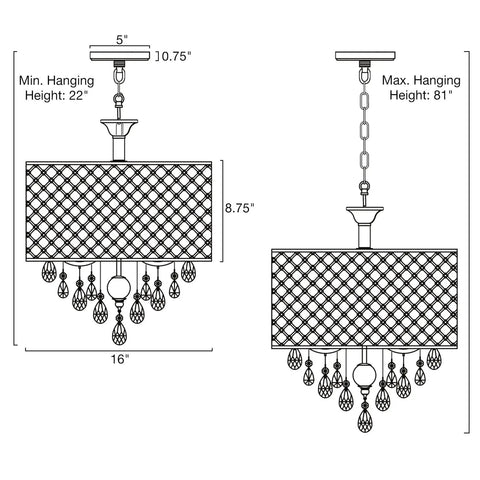 Briolette 16 Inch Four Light Crystal Chandelier With Round Beaded Drum Shade Adjustable Height Chrome Finish diagram