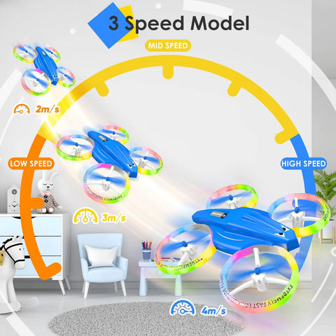 LED Light Kids Drone For Indoor Flight With Easy To Fly RC Fun And 360 Flip, showing 3 speed modes in a living room setting