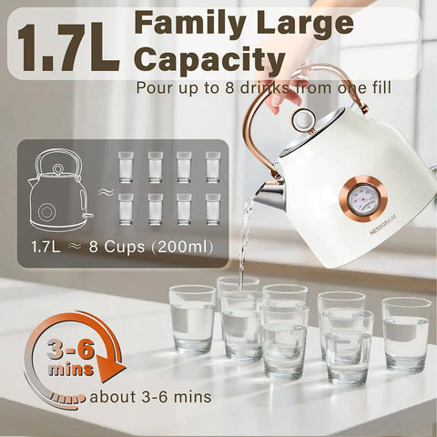 1.7L Stainless Steel Electric Kettle With Big Temperature Gauge And LED Indicator, 1500W Fast Boil, pouring water into glasses