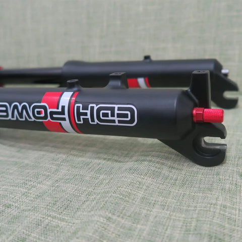 Close-up of Beefy 20 Inch Fat Tire Front Fork With Air Suspension For E Bike And MTB, showing black finish and detailing.