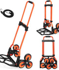 Heavy Duty Stair Climbing Hand Truck With Quick Fold Frame And Smooth Rolling Wheels For Zero Stress Moving No Sweat 300 Lb Cargo Hauler For Home Or Warehouse Runs, with orange frame and rubber wheels.