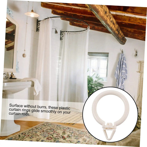 Bathroom with plastic Roman curtain rings and white curtains; Plastic Roman Curtain Rings 48 Pack With Smooth Glide Hanging Hooks