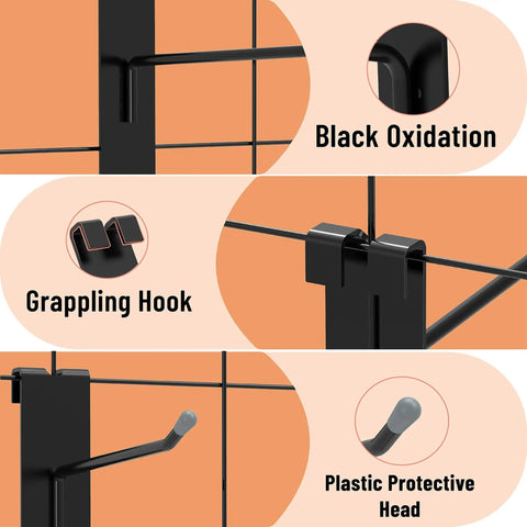 Gridwall Hooks 50 Pack 2 Inch Black Metal Display Hangers For Wire Grid Panels Heavy Duty Retail Fixtures Garage Organizer Craft Fair Jewelry Rack 20 Lbs Capacity showing details like black oxidation, grappling hook, and plastic protective head.