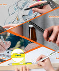 9 In 1 Multi Tool Pen Set For Men And Women Stocking Stuffers Gift Idea For Dad Husband Boyfriend Grandpa Christmas Birthday Yellow Handy Everyday Carry With 9 Tools Built In For Quick Fixes On The Go showing stylus, bottle opener, and ruler in use.
