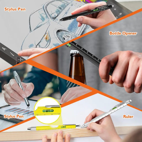 9 In 1 Multi Tool Pen Set For Men And Women Stocking Stuffers Gift Idea For Dad Husband Boyfriend Grandpa Christmas Birthday Yellow Handy Everyday Carry With 9 Tools Built In For Quick Fixes On The Go showing stylus, bottle opener, and ruler in use.