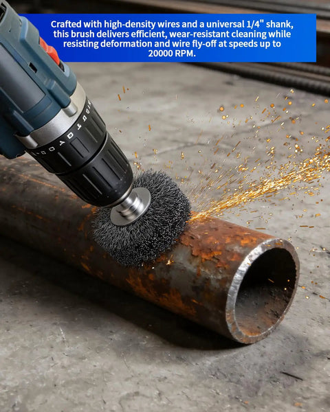 Two Pack 2 Inch Wire Wheel Brush For Drill Heavy Duty Carbon Steel Wire Brush For Rust Paint And Corrosion Removal 0.012 Inch Coarse Crimped Stainless Steel Wire One Quarter Inch Shank 20000 RPM cleaning metal pipe