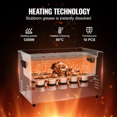 Cutaway view of 30L Ultrasonic Cleaning Machine 600W Digital Cleaner With Degassing And Gentle Mode 40kHz Industrial Ultrasonic Cleaner With Timer And Heater For Retainer Jewelry Tools Pro Grade Beast Power showing heating and transducers
