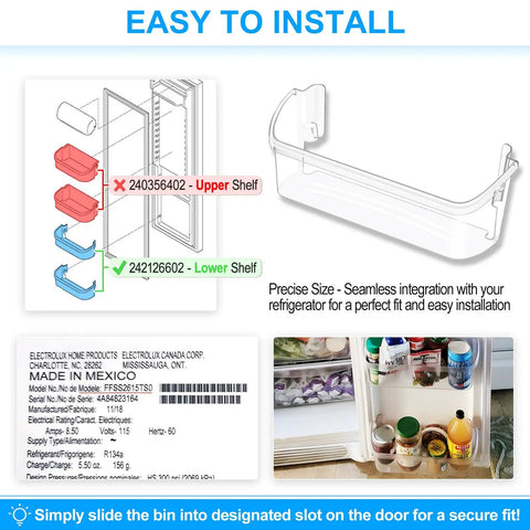 Diagram showing installation of Two Pack Refrigerator Door Bin Shelf Replacement Upgraded Durable Bottom Shelf Rack.