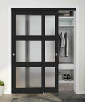 60 By 80 Inch Bypass Sliding Closet Door With Frosted Glass Three Lite Panels, Pre Drilled Solid Wood Slab, Black, Installed View