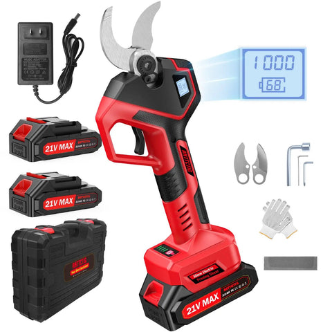 Beastly 700W Brushless Electric Pruning Shears with LED display, SK7 blades, dual batteries, and accessories