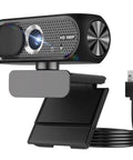 Slick 1080P USB Webcam With Twin Mic, Background Noise Cutoff, Sliding Privacy Cover, Plug And Play Stream Cam For Laptop Desktop PC Mac Boss Level Setup Glossy Black Detail, side angle view.