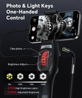 2 Way Articulating Borescope With Light For Phone Endoscope Camera, handheld control with LED brightness buttons and probe on phone